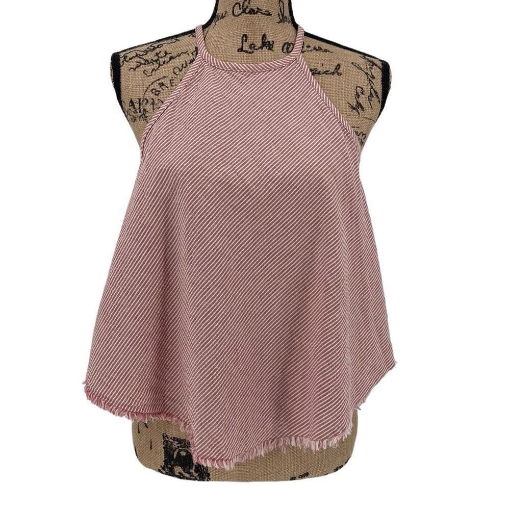 BDG Linen Blend High Neck Raw Hem Open Back Railroad Stripe Tank Top Mauve Small - Picture 2 of 6
